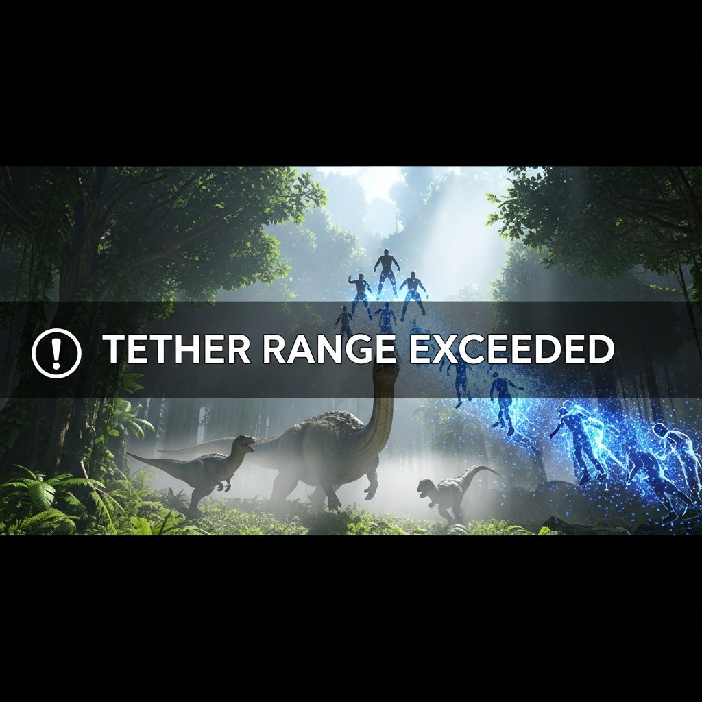 Captura de pantalla fotorrealista mostrando la interfaz de ARK Survival Ascended con el mensaje de error "Tether Range Exceeded" en pantalla completa, jugadores siendo teletransportados de regreso al host en un entorno de bosque tropical con dinosaurios de fondo, iluminación volumétrica y partículas de niebla detalladas