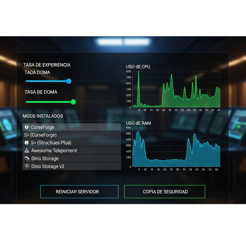 Captura de pantalla realista de un panel de control moderno mostrando opciones de configuración de servidor ARK, con sliders de tasas de experiencia y doma, lista de mods instalados desde CurseForge, gráficos de uso de CPU y RAM en tiempo real, y botones de reinicio y copia de seguridad, todo con interfaz limpia en español