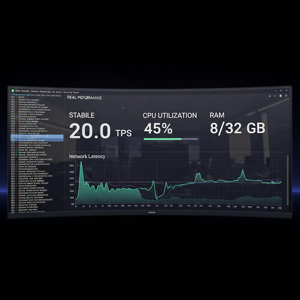 Capture d'écran de console serveur Minecraft affichant des statistiques de performance avec 20.0 TPS stables, utilisation CPU à 45%, RAM à 8/32 Go, et graphique de latence réseau en temps réel sur fond sombre professionnel