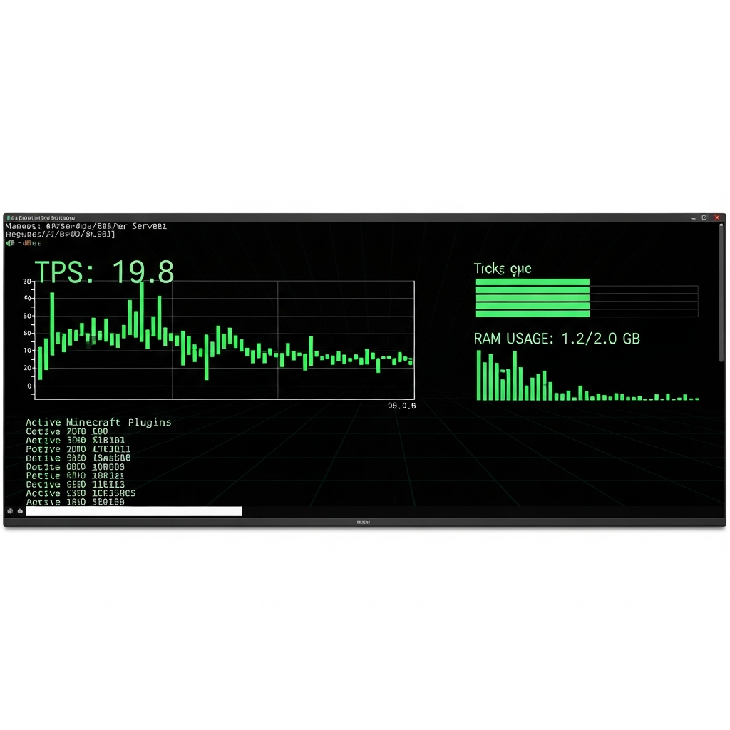 Capture d'écran d'un terminal Linux affichant des métriques de performance Minecraft avec graphiques ASCII temps réel montrant TPS à 19.8, utilisation RAM 1.2/2.0 GB et liste de plugins actifs, fond noir avec texte vert style matrice