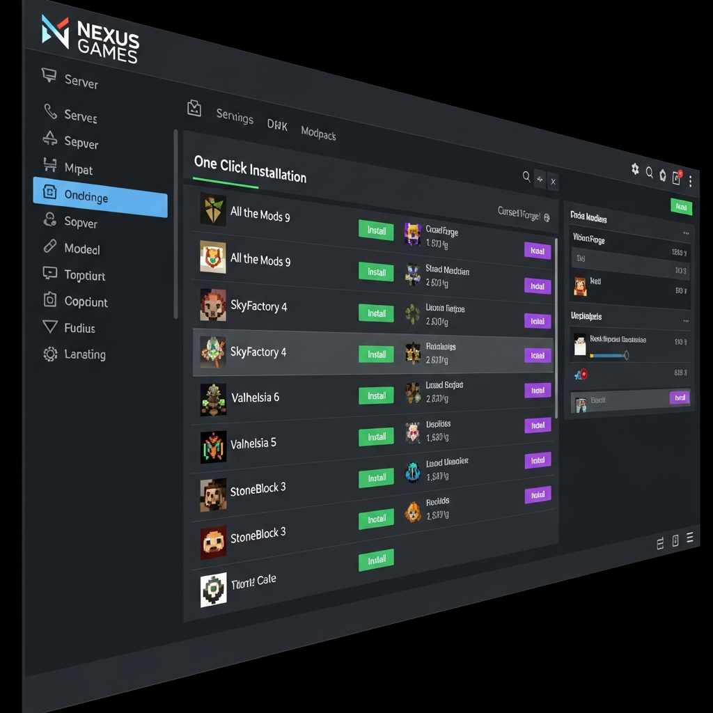 Capture d'écran du panel Nexus Games montrant l'interface d'installation en un clic de modpacks CurseForge pour Minecraft, avec liste de modpacks populaires et boutons d'installation colorés