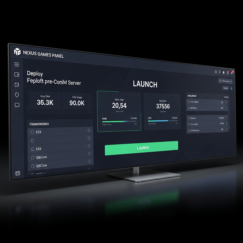 Capture d'écran photoréaliste du Panel Nexus Games affichant l'interface de déploiement d'un serveur FiveM préconfiguré, avec boutons de lancement, indicateurs de RAM et CPU en temps réel, et liste des frameworks disponibles (ESX, QBCore) sur fond sombre moderne
