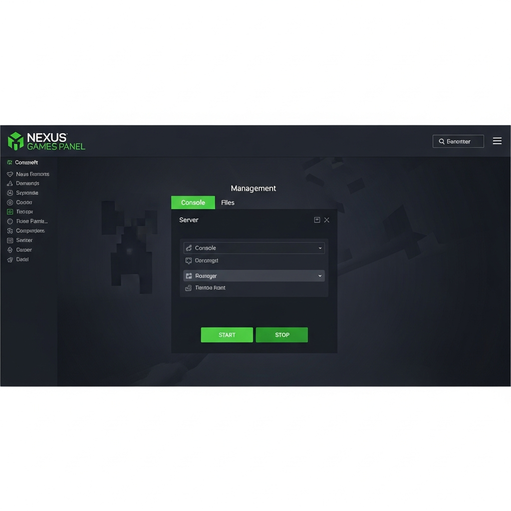 Capture d'écran photoréaliste du Panel Nexus Games affichant l'interface de gestion d'un serveur Minecraft, avec onglets console, fichiers et boutons de démarrage/arrêt clairement visibles, fond sombre moderne et logo Minecraft en haut à gauche