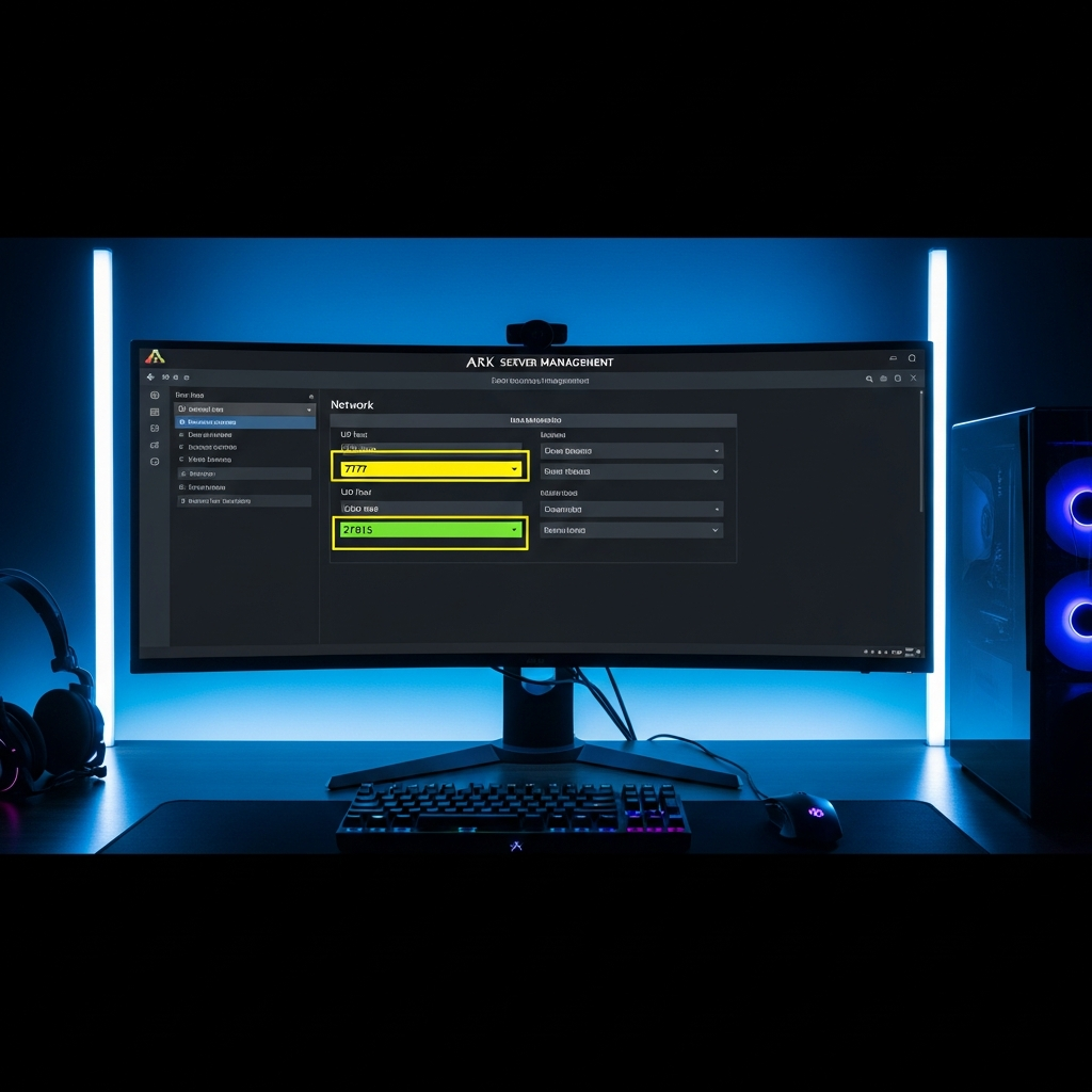 Capture d'écran photoréaliste d'une interface de gestion de serveur ARK affichant les paramètres réseau, avec les champs de ports UDP 7777 et 27015 mis en évidence, sur un écran d'ordinateur moderne dans un environnement de bureau gamer éclairé par des LED bleues