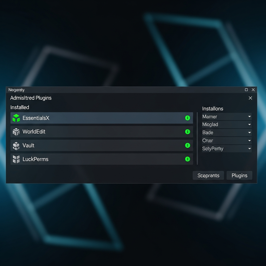 Capture d'écran photoréaliste d'un panel d'administration Minecraft moderne affichant une liste de plugins populaires installés (EssentialsX, WorldEdit, Vault, LuckPerms) avec des indicateurs de statut verts, sur fond sombre avec interface épurée
