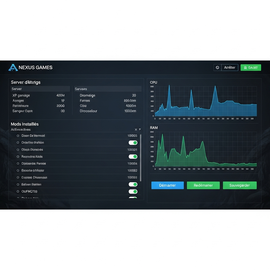 Capture d'écran photoréaliste d'un panel d'administration Nexus Games affichant les paramètres d'un serveur ARK Survival Evolved avec liste de mods installés, graphiques de performances CPU/RAM en temps réel, et boutons de gestion en français