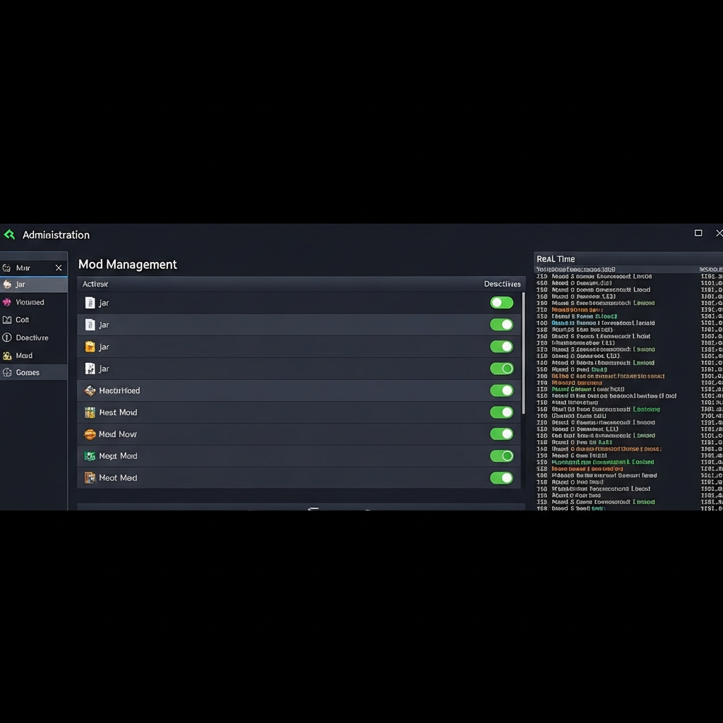 Capture d'écran photoréaliste d'un panel d'administration de serveur Minecraft montrant l'interface de gestion des mods avec liste de fichiers .jar, boutons d'activation/désactivation et console de logs en temps réel sur fond sombre moderne