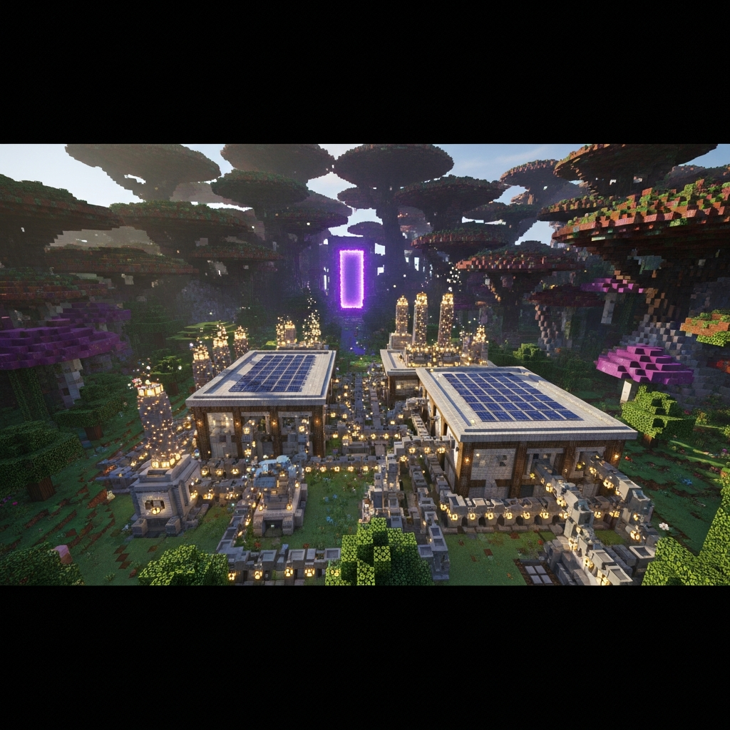 Capture d'écran photoréaliste d'un serveur Minecraft moddé 1.20 affichant une base industrielle complexe avec des machines Mekanism actives, des tuyaux de transport automatisés et des panneaux solaires sur le toit, entourée d'une forêt Twilight Forest avec des arbres géants et un portail lumineux au loin