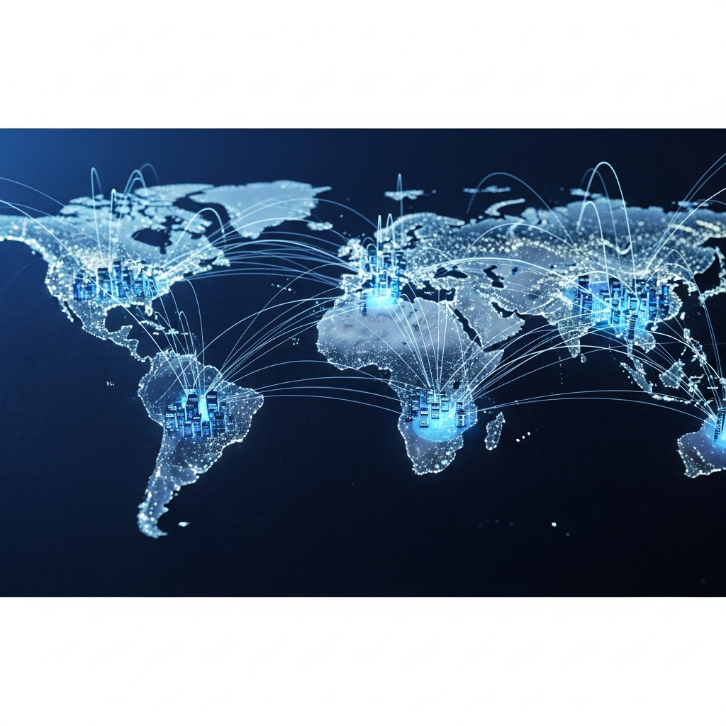 Carte réseau mondiale illuminée avec nœuds de serveurs interconnectés, flux de données lumineux en temps réel, visualisation 3D de l'infrastructure cloud gaming, atmosphère high-tech et connectivité globale