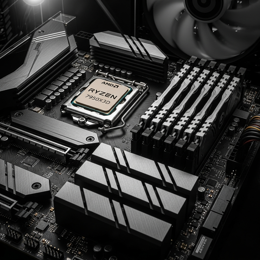 Close-up photorealistic render of an AMD Ryzen 9 7950X3D processor installed on a modern motherboard with DDR5 RAM modules and NVMe SSD heatsinks, dramatic studio lighting highlighting the precision engineering of server-grade hardware