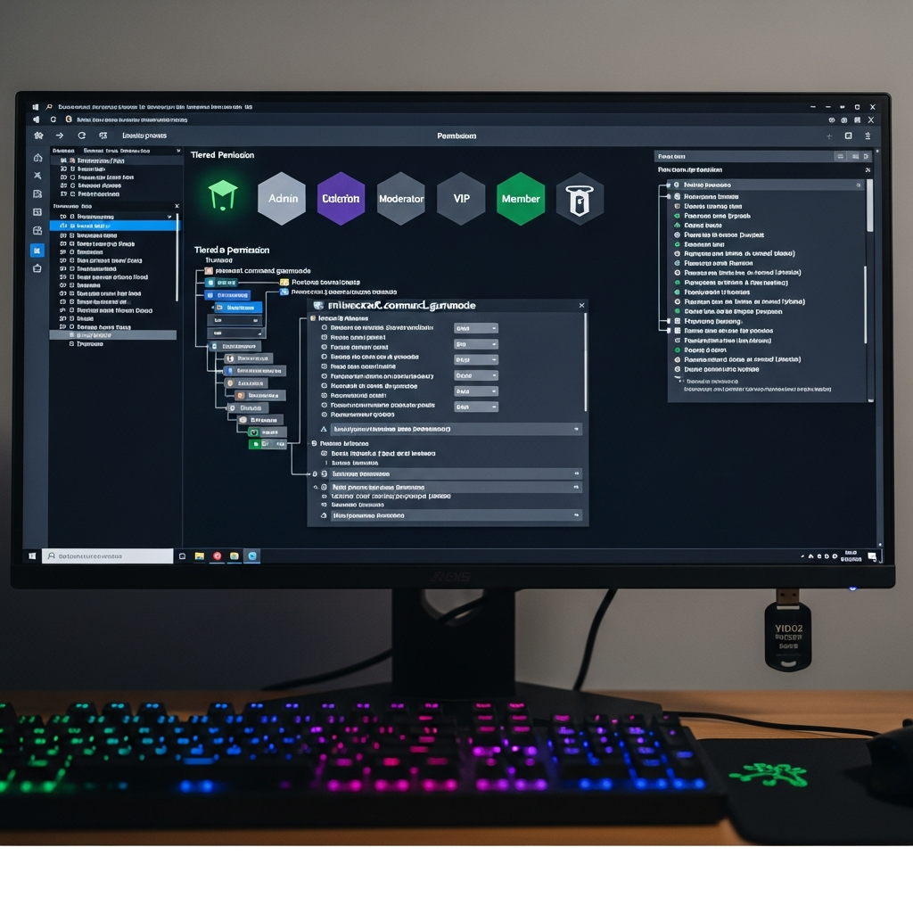 Close-up photorealistic shot of a computer monitor displaying a Minecraft server console with LuckPerms permission management interface showing tiered user groups and detailed permission nodes, with a mechanical keyboard and security token device visible in the foreground