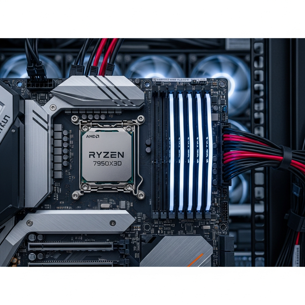 Close-up photorealistic view of an AMD Ryzen 9 7950X3D processor installed on a modern motherboard with DDR5 RAM modules glowing softly in RGB lighting, inside a clean server rack environment with visible cooling fans and cable management