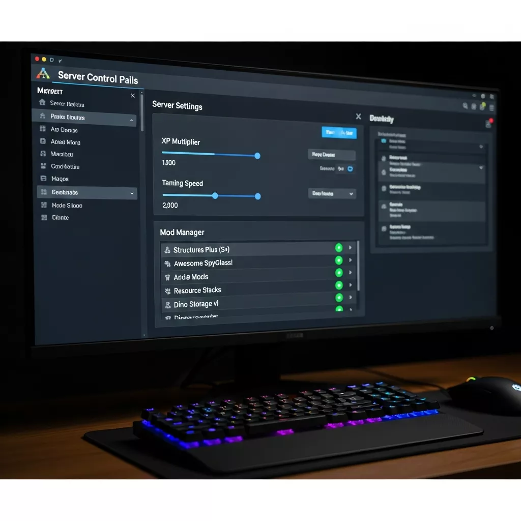 Close-up screenshot of a modern server control panel interface on a 4K monitor, clean dark theme with blue accents, showing ARK server settings sliders for XP multiplier and taming speed, mod manager panel listing popular ARK mods with green active status icons, photorealistic depth of field with keyboard and mouse visible in foreground