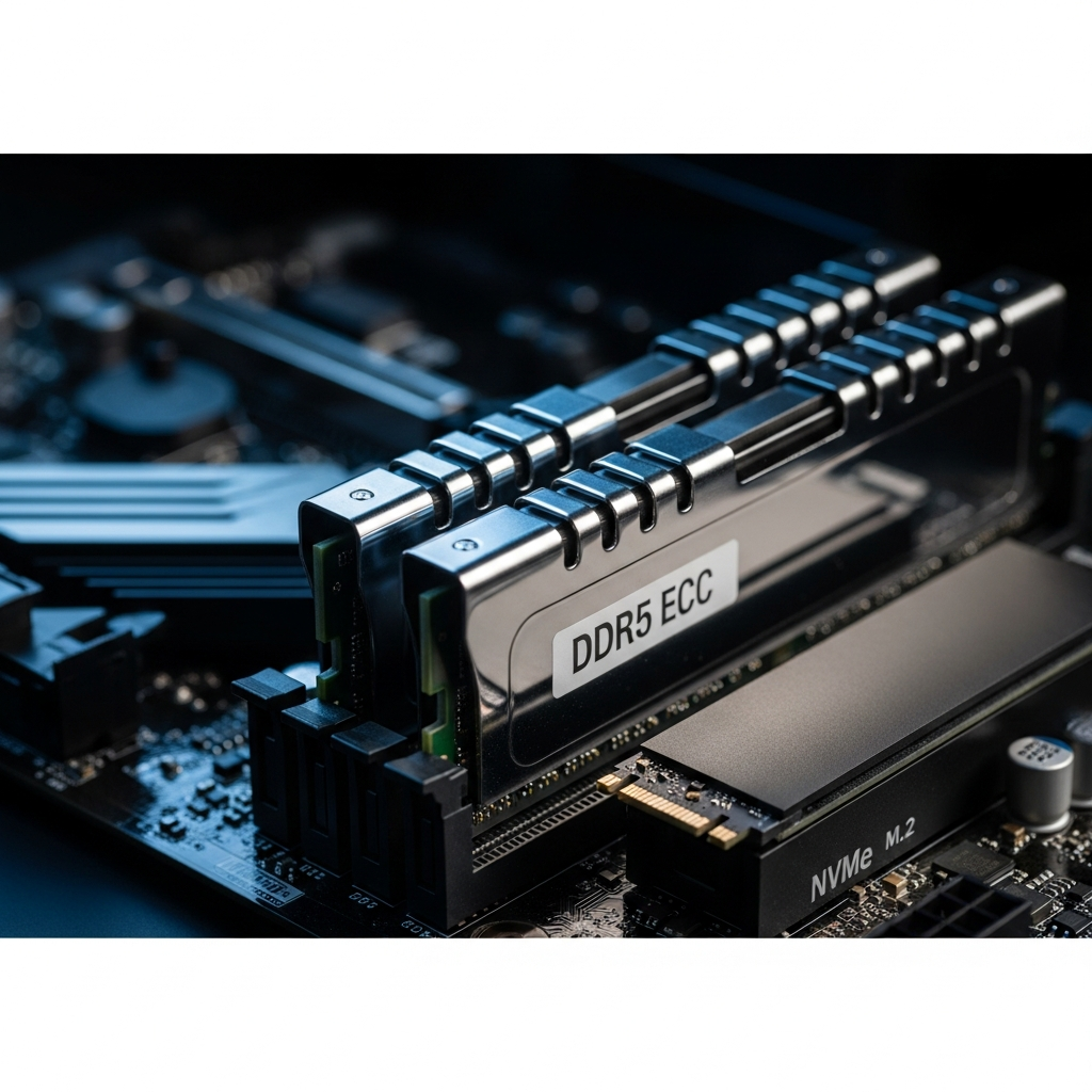 Close-up view of DDR5 ECC RAM modules installed in a server motherboard with visible heat spreaders, alongside an NVMe M.2 SSD, technical photography with dramatic lighting highlighting the cutting-edge hardware components used in FiveM hosting