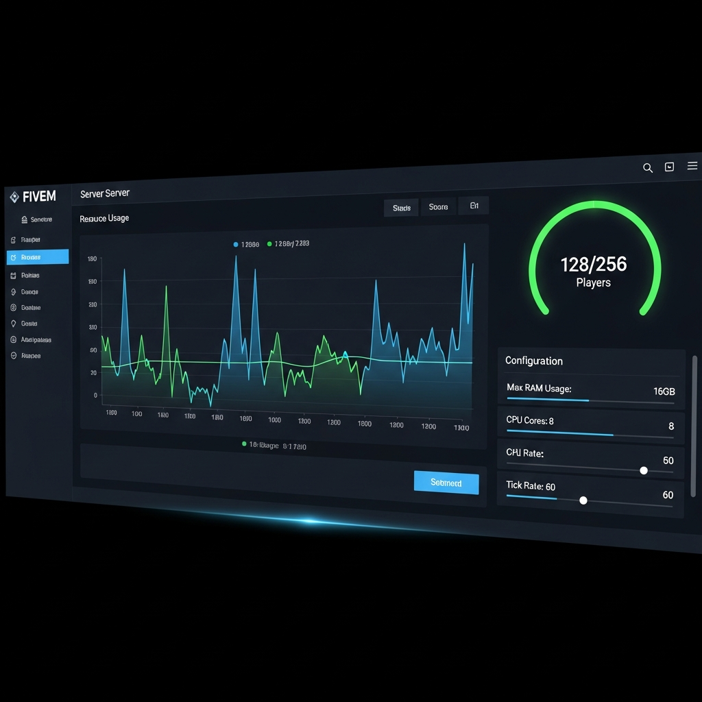 Close-up view of a gaming server management panel displaying FiveM server statistics, resource usage graphs, player count metrics, and configuration settings on a modern dark-themed interface