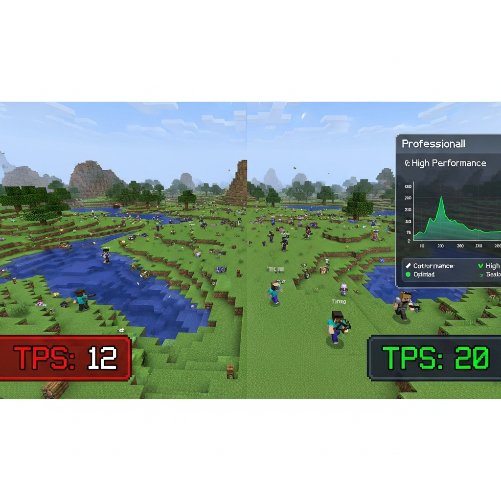 Comparación visual lado a lado de dos servidores Minecraft ejecutándose simultáneamente: izquierda mostrando un servidor gratuito con lag visible, chunks sin cargar, baja densidad de entidades y contador de TPS en rojo bajo 15; derecha mostrando servidor profesional con chunks totalmente renderizados, múltiples jugadores sin lag, TPS estable en 20 y gráfico de rendimiento optimizado en panel de administración moderno