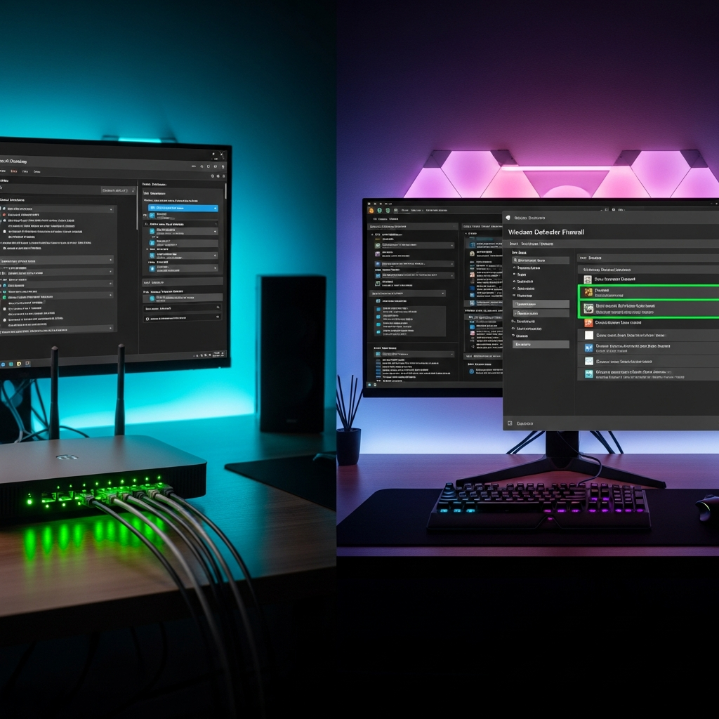 Composición fotorrealista dividida en dos mitades: izquierda mostrando un router moderno con LEDs verdes encendidos y cables Ethernet conectados, pantalla de configuración de port forwarding en un monitor; derecha mostrando el panel de control de Windows Defender Firewall con reglas de ARK destacadas en verde, ambiente de oficina gaming con iluminación RGB suave