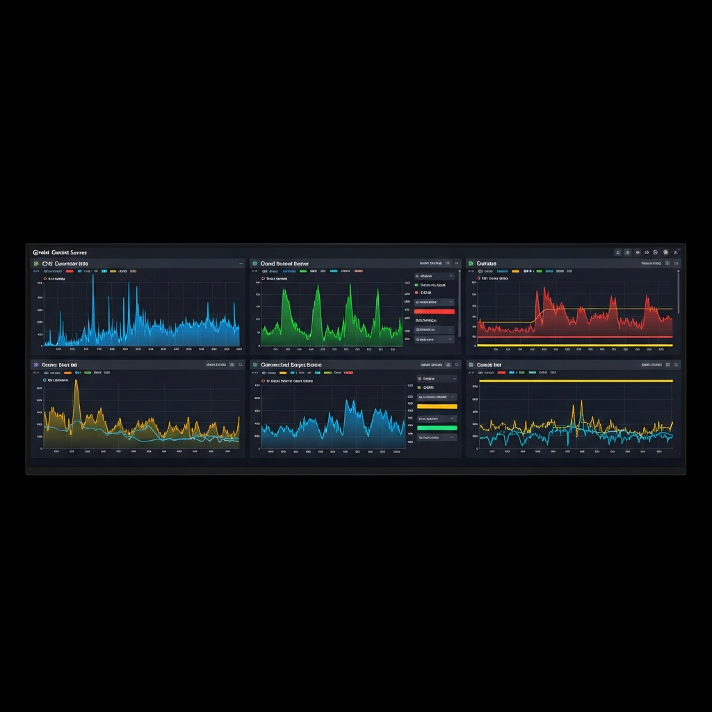 Dashboard Grafana affichant graphiques colorés de métriques serveur Minecraft (CPU, RAM, joueurs connectés), thème sombre professionnel, plusieurs panneaux avec courbes en temps réel et seuils d'alerte