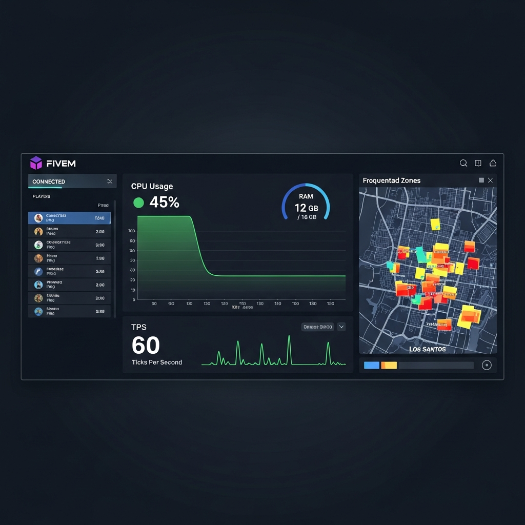 Dashboard analytique moderne affichant les métriques d'un serveur FiveM : graphiques en temps réel de CPU (courbe verte à 45%), RAM (jauge bleue à 12 Go / 16 Go), TPS (indicateur stable à 60), liste des joueurs connectés avec ping, et carte de chaleur des zones fréquentées sur Los Santos, interface sombre avec accents néon