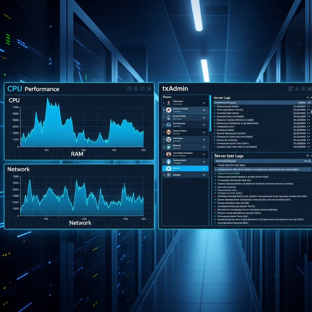 Dashboard de monitoring de serveur affichant des graphiques de performances en temps réel avec courbes CPU, RAM et réseau, écran partagé montrant une interface txAdmin avec liste de joueurs connectés et logs, ambiance high-tech avec éclairage bleu et interface moderne