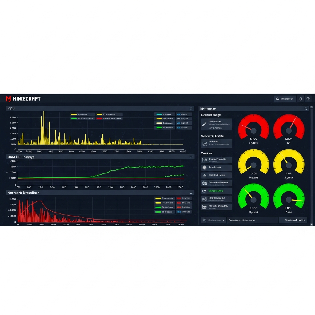 Dashboard de monitoring en temps réel d'un serveur Minecraft montrant des graphiques de performance avec utilisation CPU, RAM et bande passante réseau, avec des jauges colorées indiquant la charge serveur lors d'un événement avec de nombreux joueurs connectés