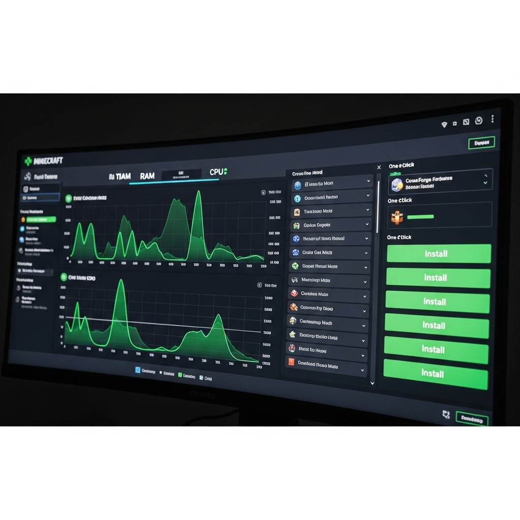 Dashboard de panel de contrôle Minecraft moderne avec graphiques de RAM et CPU en temps réel, liste de mods CurseForge, boutons d'installation en un clic, thème sombre professionnel avec touches de vert Minecraft