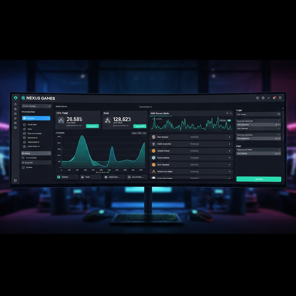 Dashboard du Panel Nexus Games affiché sur écran ultra-large, interface moderne avec graphiques de monitoring CPU/RAM en temps réel, liste de mods ARK, console de logs, thème sombre élégant, ambiance professionnelle de salle de contrôle