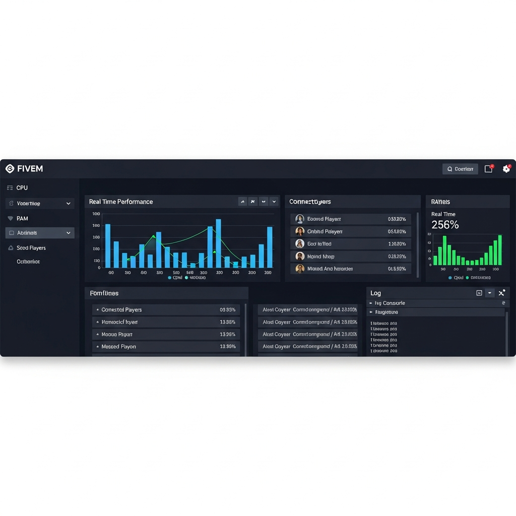 Dashboard moderne d'administration serveur FiveM avec graphiques de performance CPU et RAM en temps réel, liste de joueurs connectés, console de logs défilant, interface sombre et professionnelle style panel de gestion