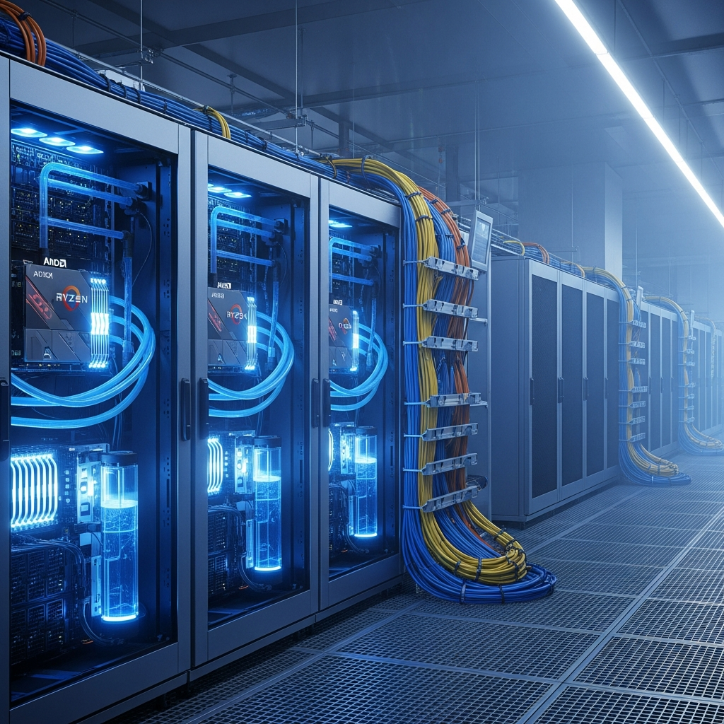 Datacenter moderno con racks de servidores iluminados en tonos azules, procesadores AMD Ryzen visibles en primer plano con sistemas de refrigeración líquida, cables de red organizados, ambiente profesional de alta tecnología, iluminación led suave