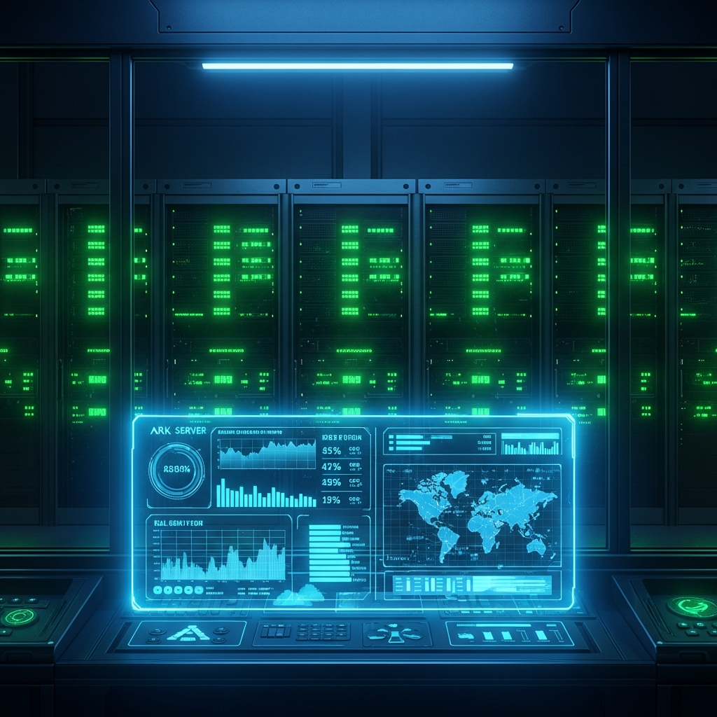Detailansicht eines futuristischen Server-Kontrollraums mit Glaswand, dahinter sichtbare Server-Hardware mit grünen Status-LEDs, im Vordergrund ein Hologramm-Display mit ARK-Server-Statistiken, Grafiken und Weltkarte, Sci-Fi-Ästhetik in dunklen Blau- und Grüntönen