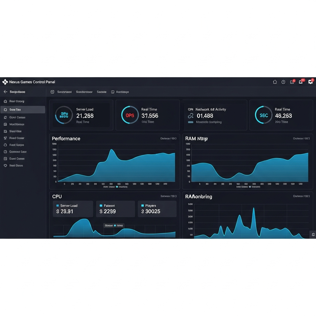 Detaillierte Ansicht des Nexus Games Control Panels, übersichtliches Server-Dashboard mit Echtzeit-Statistiken, CPU- und RAM-Monitoring-Grafiken, moderne Web-Interface-Gestaltung mit dunklem Theme, fotorealistisches Design mit klaren Menüstrukturen und Performance-Indikatoren