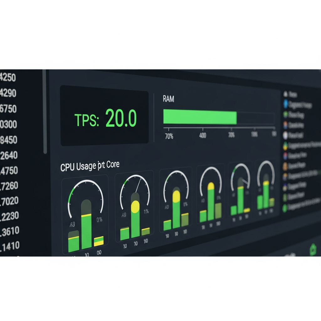 Detaillierte Grafik eines Minecraft-Servers mit Performance-Monitoring, TPS-Anzeige bei 20.0, RAM-Auslastung Balkendiagramm, CPU-Auslastung pro Kern, Spieler-Liste im Hintergrund, modernes Admin-Panel Interface mit grünen Performance-Indikatoren