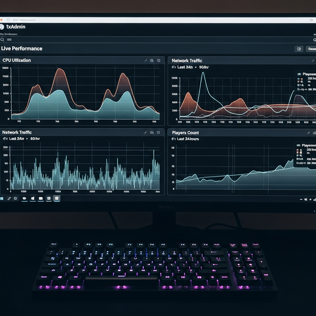 Detaillierte Nahaufnahme einer txAdmin-Oberfläche auf einem hochauflösenden Display, zeigt Live-Performance-Graphen mit CPU-Auslastung, Netzwerk-Traffic und Spielerzahl über die letzten 24 Stunden, im Vordergrund eine mechanische Gaming-Tastatur mit beleuchtetem Nummernblock