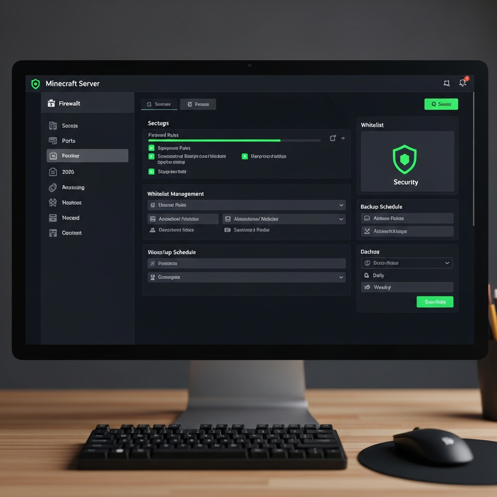 Detaillierte Nahaufnahme eines Computerbildschirms mit einer Minecraft-Server-Konfigurationsoberfläche, sichtbare Firewall-Einstellungen, Whitelist-Verwaltung und Backup-Zeitplan, moderne UI mit grünen Sicherheitsstatus-Indikatoren, im Hintergrund Tastatur und Maus auf Schreibtisch
