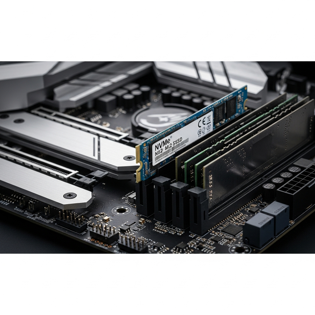 Detaillierte Nahaufnahme eines modernen NVMe M.2 SSD-Moduls auf einem High-End-Mainboard, mit sichtbaren technischen Details und professioneller Beleuchtung, fotorealistisch