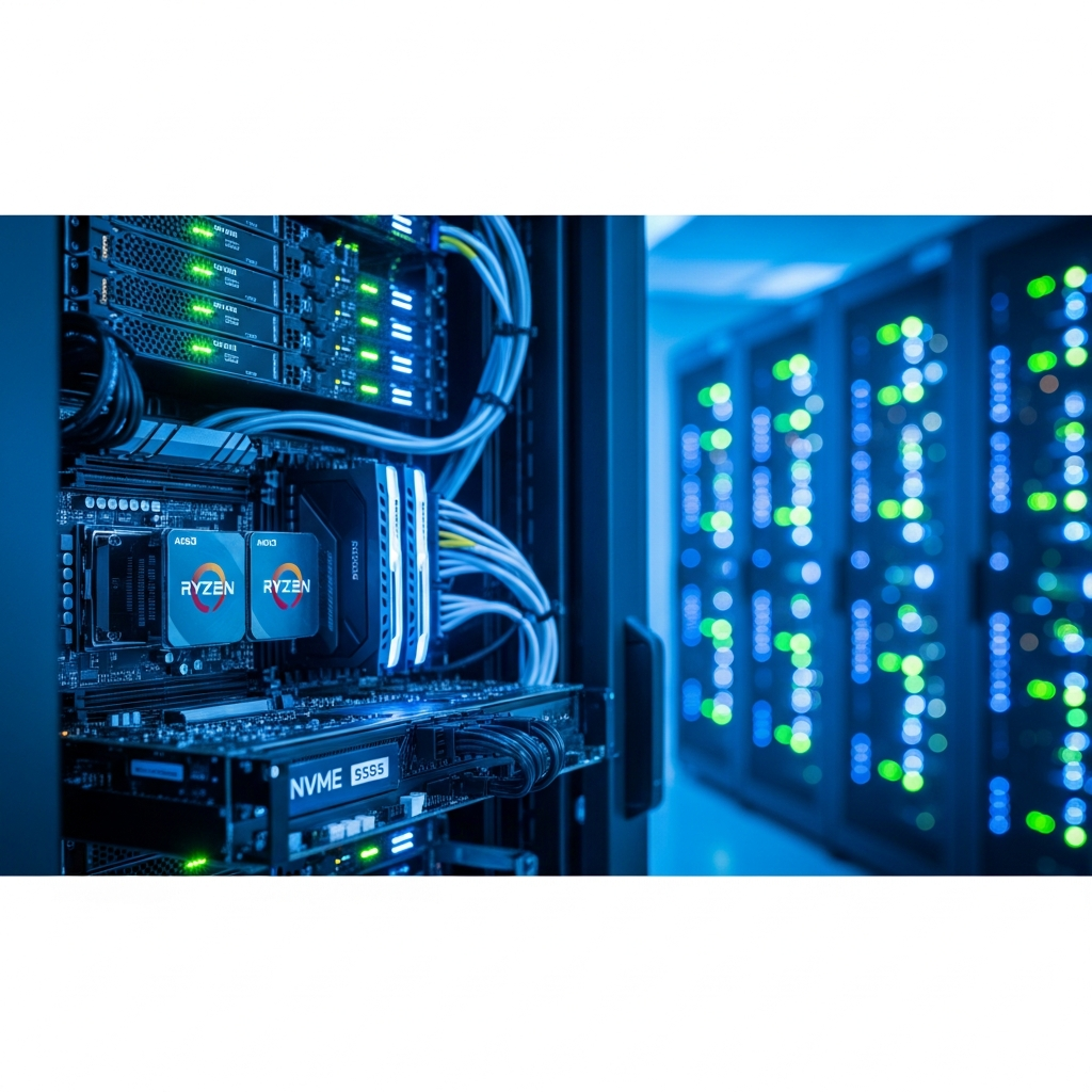Detaillierte fotorealistische Darstellung eines hochmodernen Server-Racks mit leuchtenden LED-Anzeigen, AMD Ryzen 9 7950X3D Prozessoren sichtbar auf einem Mainboard, NVMe SSD Module und DDR5 RAM-Riegel im Vordergrund, kühles blaues Licht, professionelle Rechenzentrum-Atmosphäre