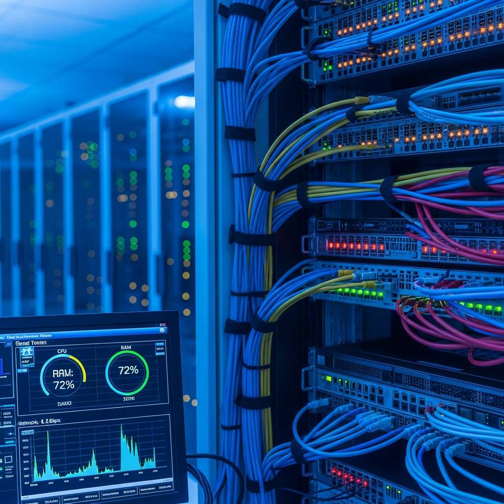 Detaillierte technische Darstellung eines Server-Racks in einem professionellen Rechenzentrum, mit blinkenden LEDs und Netzwerkkabeln, im Vordergrund ein Monitor der Server-Metriken mit CPU-, RAM- und Netzwerk-Auslastung anzeigt, kühle blaue Beleuchtung, fotorealistisch