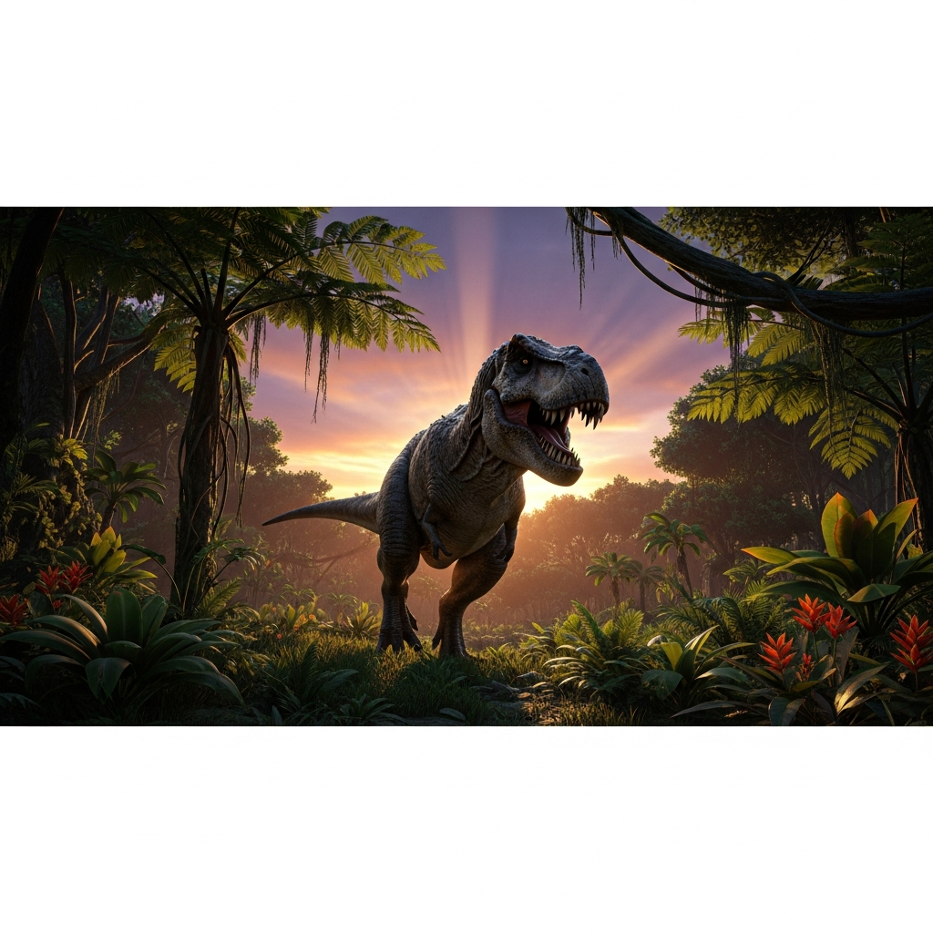 Dinosaurio T-Rex fotorrealista en entorno ARK Survival Ascended con gráficos Unreal Engine 5, iluminación Lumen dinámica, vegetación densa tipo selva tropical, texturas 4K hiperrealistas, cielo dramático al atardecer