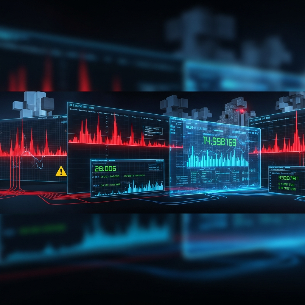 Dramatische Visualisierung eines DDoS-Angriffs auf Minecraft-Server, Netzwerk-Traffic-Diagramme mit roten Warnmeldungen, Firewall-Dashboard mit blockierten Paketen, futuristisches Cyber-Security-Interface, intensive Atmosphäre, kinoreife Beleuchtung, extreme Schärfe