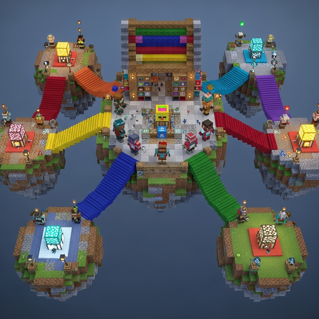Draufsicht auf eine detaillierte Minecraft-Arena mit BedWars-Inseln, Brücken aus bunter Wolle, leuchtenden Spawner-Punkten und einem zentralen Shop-NPC, umgeben von Spielern in unterschiedlichen Rüstungen