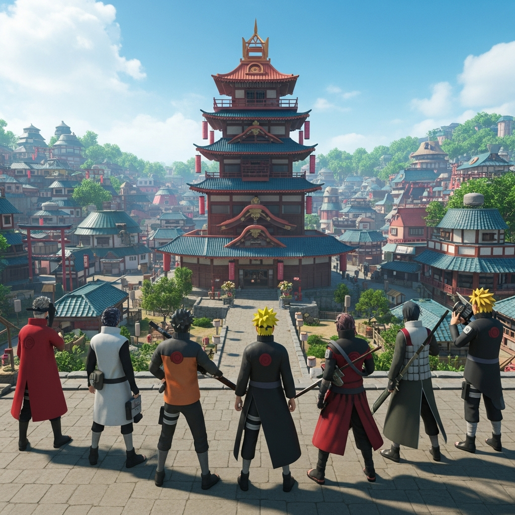 Eine farbenfrohe Garry's Mod Ingame-Szene auf einer Naruto-Map, mehrere Spieler in Naruto-Charaktermodellen stehen vor dem Hokage-Turm, Konoha-Dorf im Hintergrund mit traditioneller japanischer Architektur, sonniges Wetter, hohe Grafikqualität