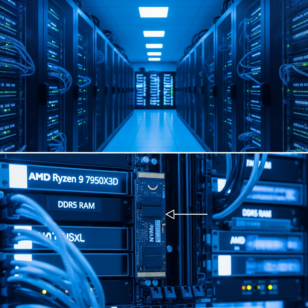 Ein moderner Serverraum mit beleuchteten Server-Racks, auf deren Displays „AMD Ryzen 9 7950X3D" und „DDR5 RAM" zu lesen sind, Nahaufnahme eines NVMe-SSD-Moduls im M.2-Slot, fotorealistisch, kühles blaues Licht, technische Atmosphäre