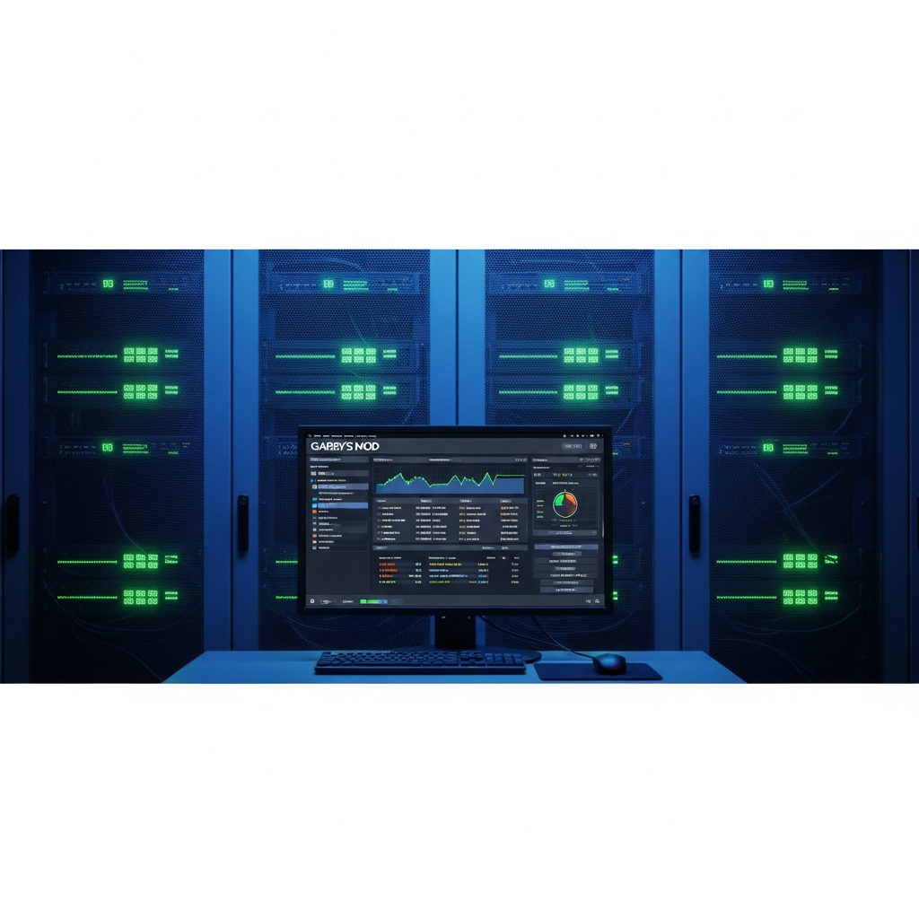 Ein modernes Server-Rack mit leuchtenden Statusanzeigen, im Vordergrund ein Bildschirm mit Garry's Mod Server-Konsole und Performance-Metriken, fotorealistisch, professionelle Datacenter-Beleuchtung