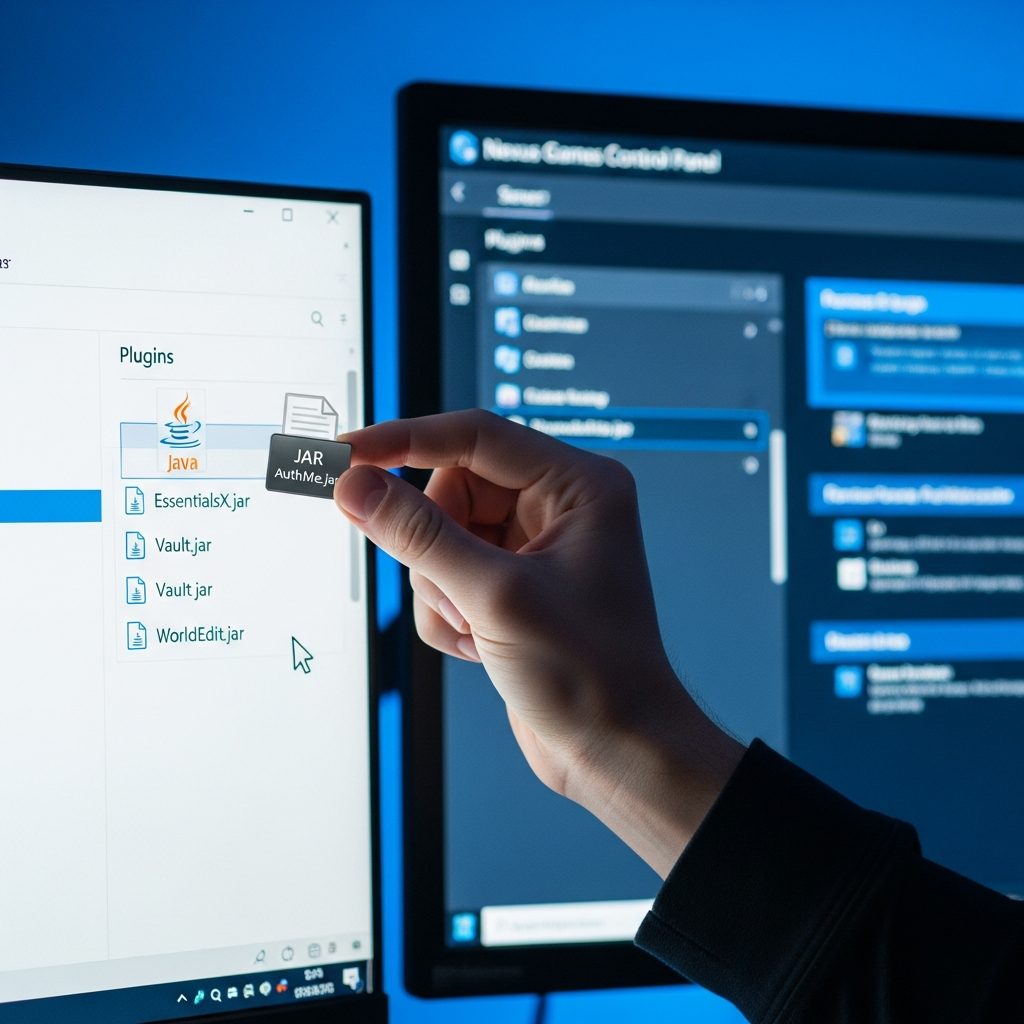 Fotografía hiperrealista en primera persona de una mano colocando plugins JAR en la carpeta "plugins" de un servidor Minecraft, con el explorador de archivos de Windows 11 abierto mostrando archivos como EssentialsX.jar, Vault.jar, WorldEdit.jar, con iconos de Java visibles y la interfaz del Panel Nexus Games visible en un segundo monitor al fondo