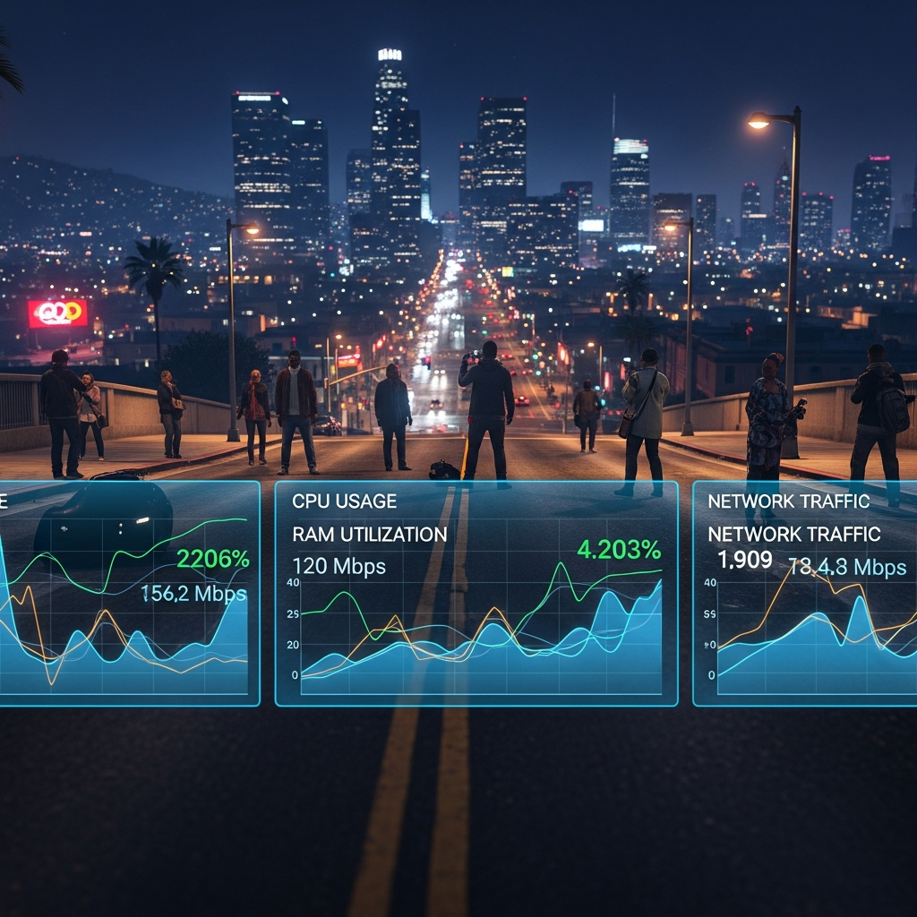 Fotorealistische Darstellung eines FiveM-Servers in Aktion, mit Performance-Graphen im Vordergrund (CPU-Auslastung, RAM-Nutzung, Netzwerk-Traffic), im Hintergrund ein virtueller Los Santos Stadtblick bei Nacht mit leuchtenden Straßen und mehreren Spieler-Charakteren