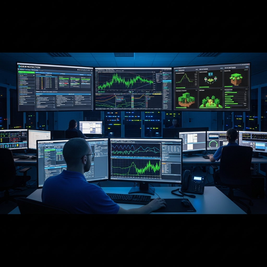 Fotorealistische Darstellung eines Netzwerk-Operations-Centers mit großen Monitoren, die Live-Traffic-Graphen, DDoS-Schutz-Dashboards und Minecraft-Server-Statistiken anzeigen, im Vordergrund ein Administrator an einer Workstation mit Tastatur und Maus, professionelle Beleuchtung, technisches Ambiente