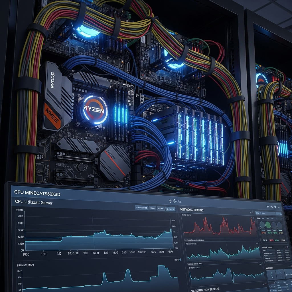 Fotorealistische Detailaufnahme eines Server-Racks in einem modernen Rechenzentrum, mit beleuchteten AMD Ryzen 9 7950X3D-Mainboards, leuchtenden NVMe-SSD-Modulen und strukturierten Netzwerkkabeln, die perfekt organisiert sind. Im Vordergrund ein Display, das in Echtzeit CPU-Auslastung und Netzwerk-Traffic eines Minecraft-Servers während eines großen Events anzeigt.