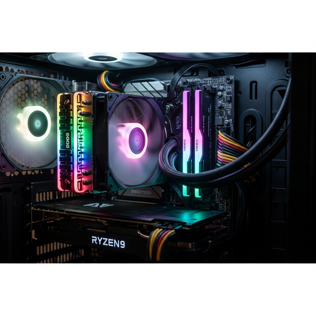 Fotorealistische Nahaufnahme eines Gaming-PCs mit geöffneter Seitenabdeckung, sichtbare RGB-beleuchtete DDR5-RAM-Module und ein aktiver AMD Ryzen 9 Prozessor-Kühler, dramatische Beleuchtung, technische Details scharf im Fokus, Netzwerkkabel im Hintergrund