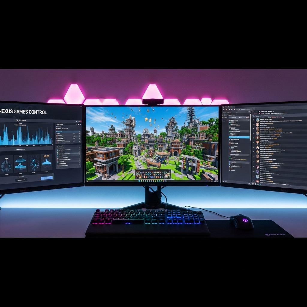 Fotorealistische Nahaufnahme eines modernen Gaming-Desktops mit drei hochauflösenden Monitoren, die gleichzeitig das Nexus Games Control-Panel mit Live-TPS-Grafiken, eine laufende Minecraft-Welt im Vollbild mit komplexem Modpack und ein Discord-Fenster mit Event-Kommunikation zeigen. Auf dem Schreibtisch liegen eine mechanische RGB-Tastatur und eine Gaming-Maus, im Hintergrund sanfte LED-Beleuchtung.