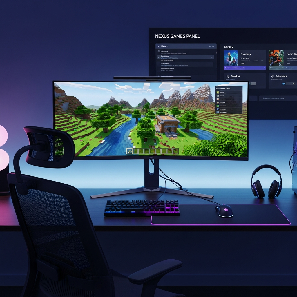 Fotorealistische Szene einer Minecraft-Spielwelt auf einem Monitor in einem modernen Gaming-Setup, mit sichtbarem Nexus Games Panel-Interface im Hintergrund, professionelle Beleuchtung und Details